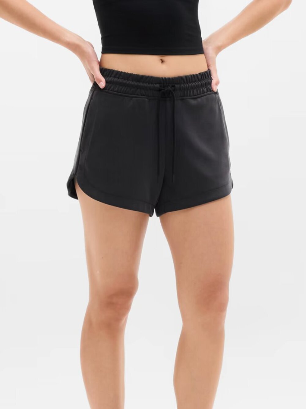 Athleta Seasoft Mid Rise 4" Soft Sporty Drawstring Black Shorts Pockets, Medium